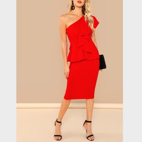 Rouge! Dresses & Skirts - One Shoulder Ruffle Peplum Trim Bodycon Dress Red